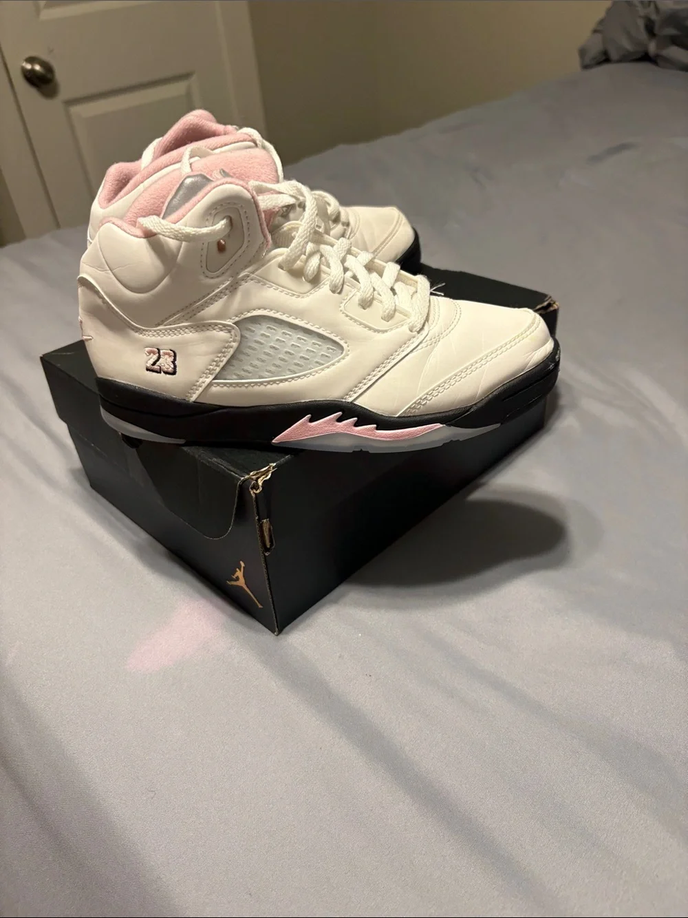 Jordan 5 retro Kids White and Pink High-Top Basketball Sneakers size 2.5